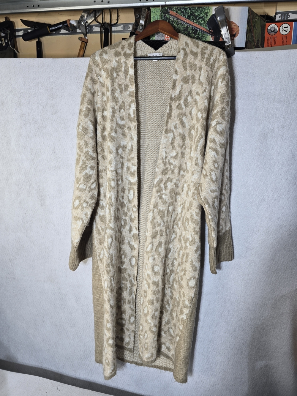 Topshop Beige and Cream Leopard-Print Open-Front Long Cardigan